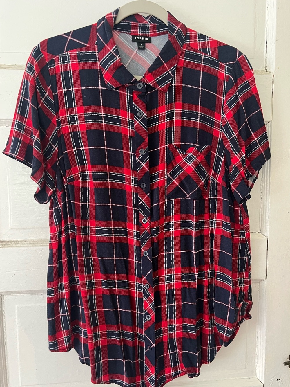 torrid Navy and Red Plaid Short-Sleeve Button-Up Shirt